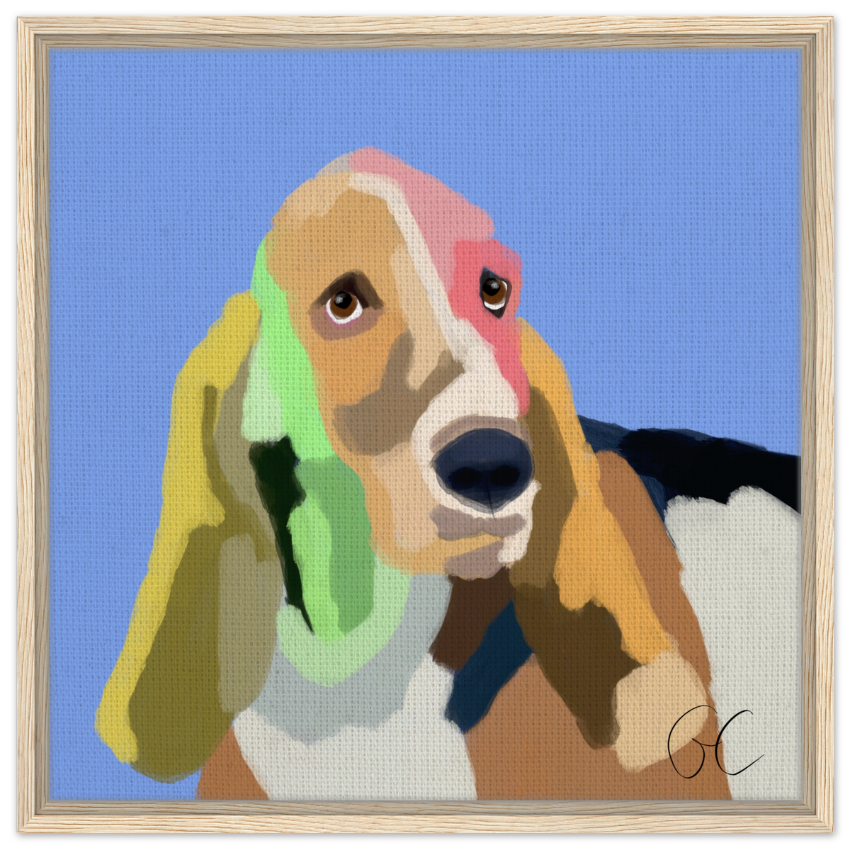 Toile encadrée CANINE NO.14 : portrait coloré d’un chien aux longues oreilles sur fond bleu.